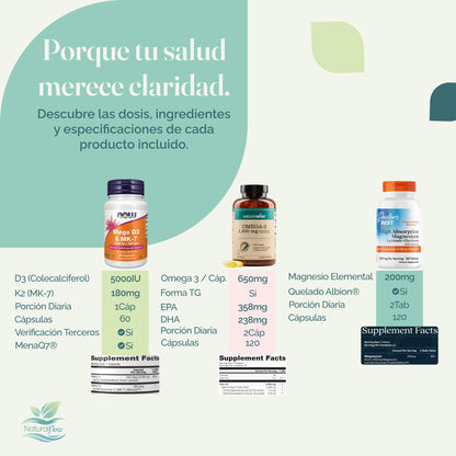 Especificaciones de Combo Esencial 40+, VItamina D3 + K2, Omega 3 y Glicinato de Magnesio