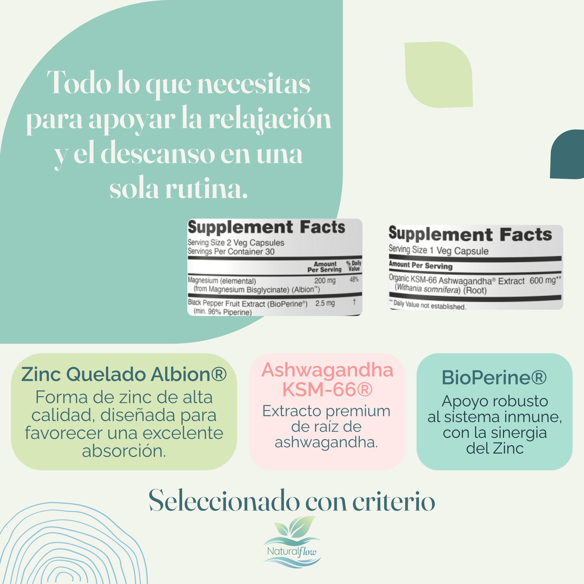 Características destacadas del combo Descanso Natural con ashwagandha KSM-66, magnesio glicinato y tecnologías de calidad premium.