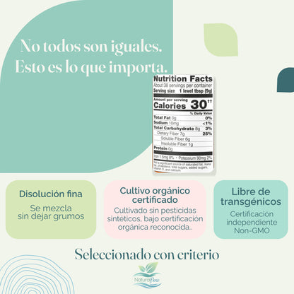 Psyllium en polvo de disolución fina sin grumos, Cultivo Organico, libre de transgenicos