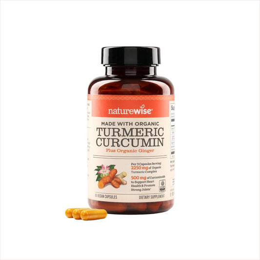 Curcuma Naturewise con 95% cucuminoides, Bioperine y jengibre orgánico para mayor absorción.