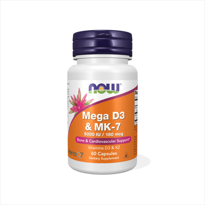 Frasco de vitamina D3 5000 IU con K2 MK-7, Now Foods. Salud Cardiovascular y Osea
