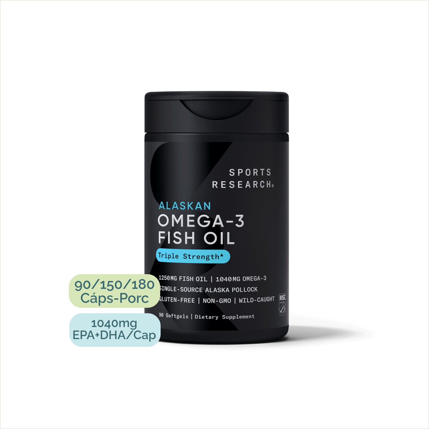 Frasco de Sports Research Omega 3 Fish Oil 1250mg en forma de triglicéridos. Especificacion de capsulas