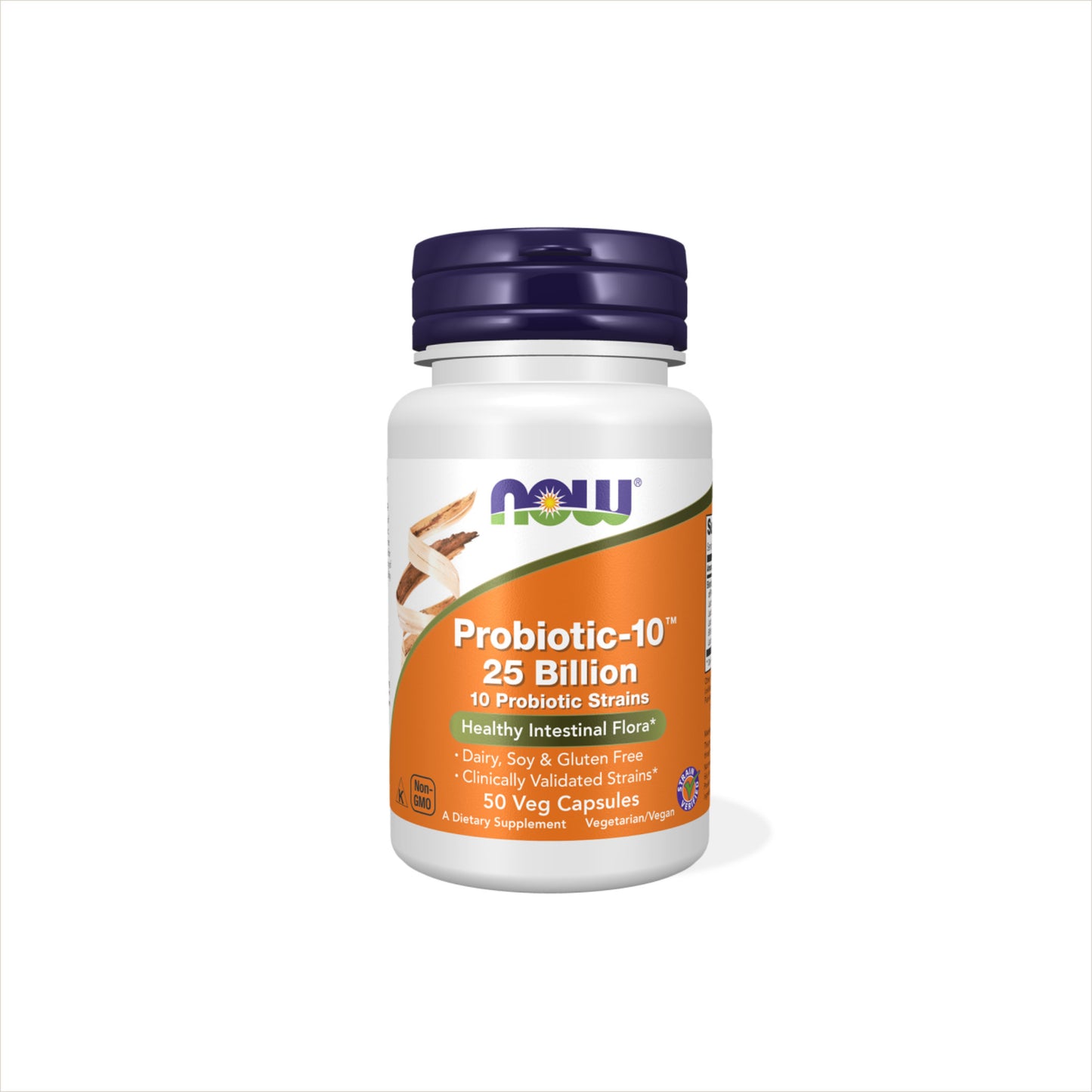 NOW Probiotic-10 25 Billion con 10 cepas probióticas específicas, 25 Billones de UFC garantizadas hasta la fecha de vencimiento y cápsulas shelf-stable.