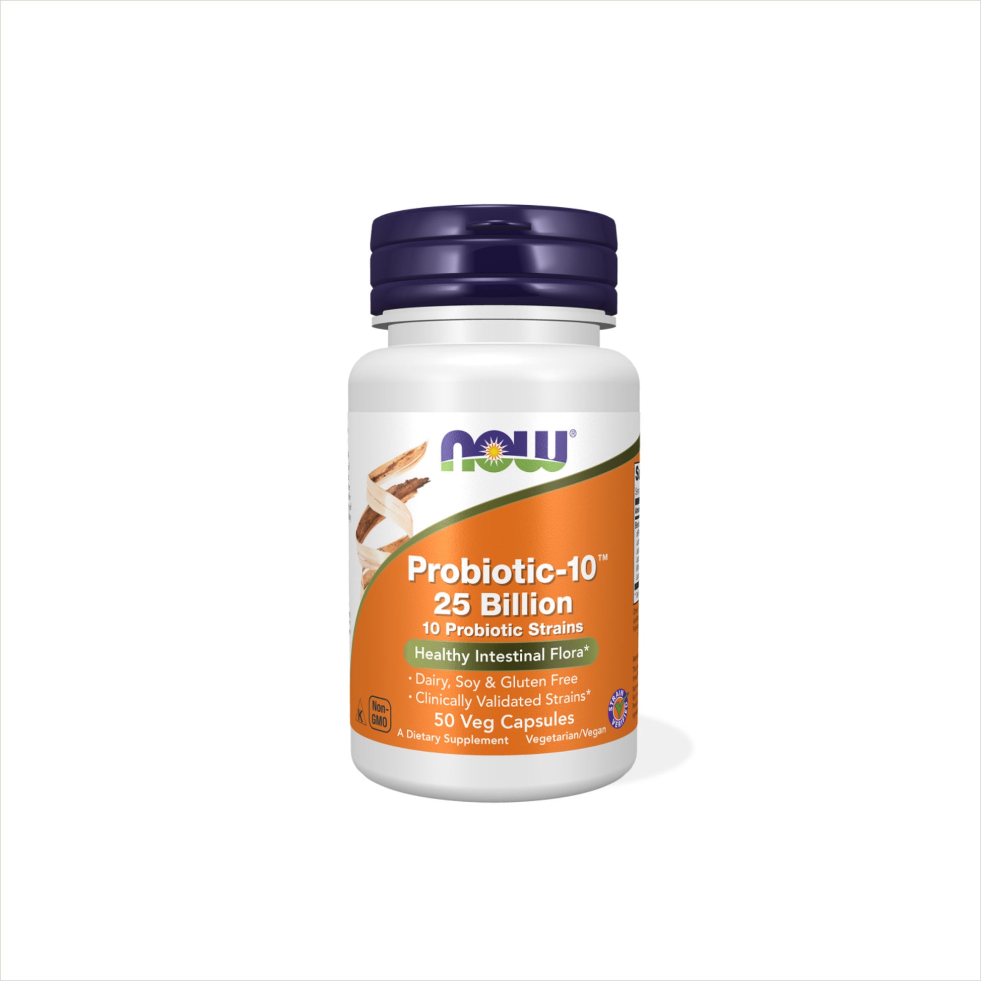 NOW Probiotic-10 25 Billion con 10 cepas probióticas específicas, 25 Billones de UFC garantizadas hasta la fecha de vencimiento y cápsulas shelf-stable.
