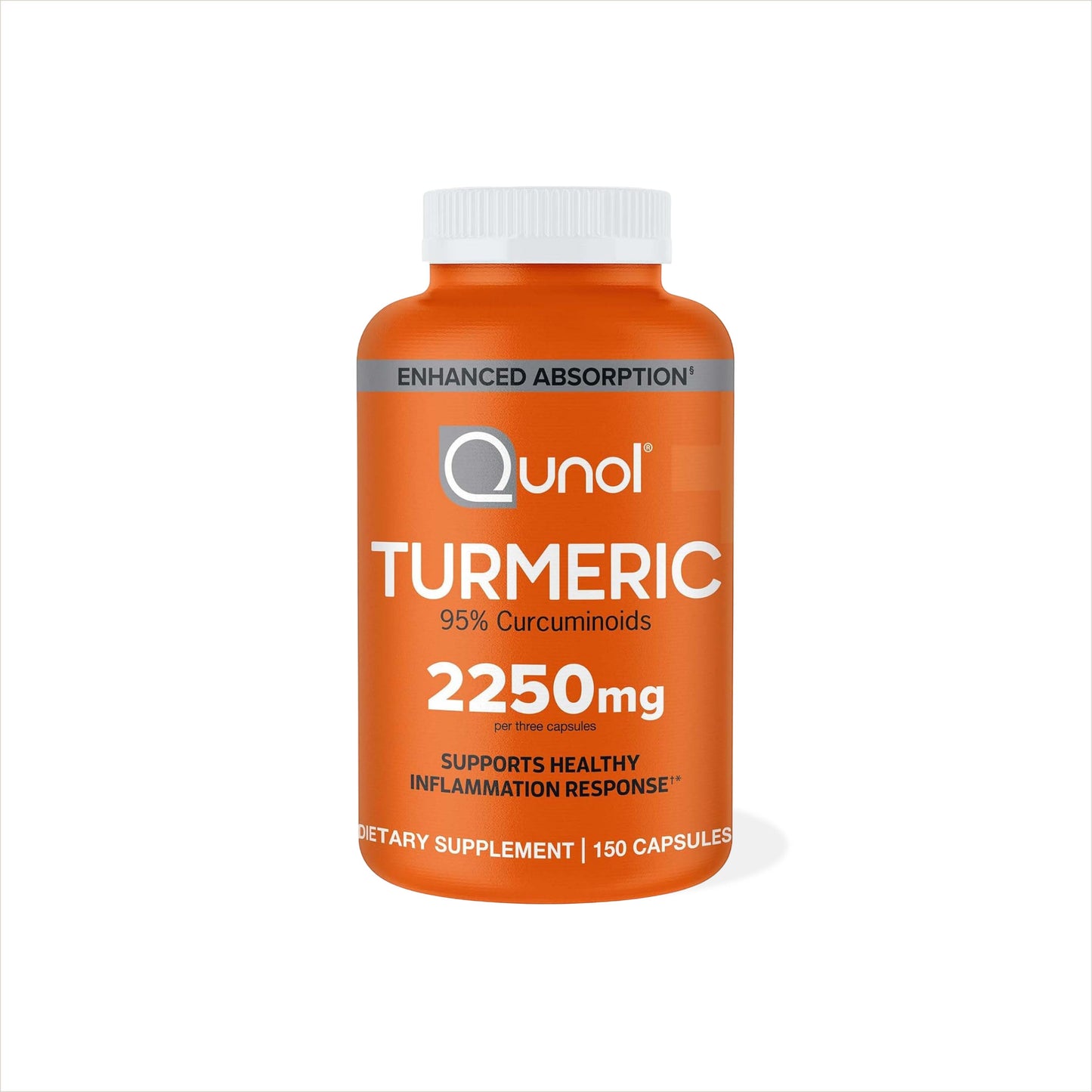 Curcuma Qunol Turmeric 2250 mg con 95% de curcuminoides y Bioperine®, presentación de 150 cápsulas.