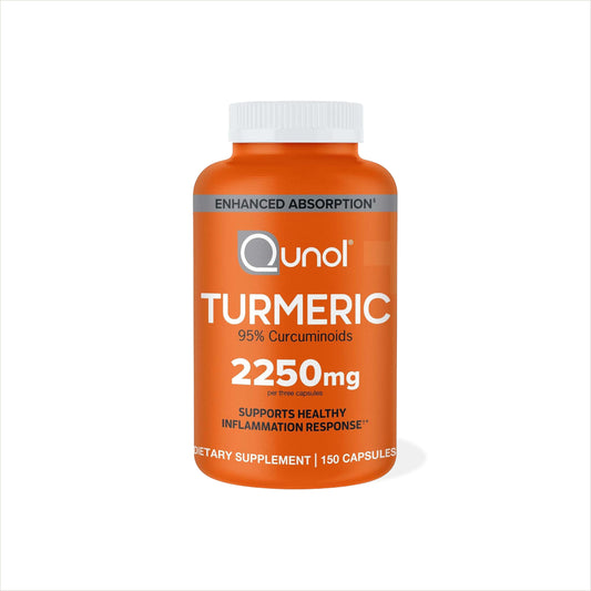 Curcuma Qunol Turmeric 2250 mg con 95% de curcuminoides y Bioperine®, presentación de 150 cápsulas.