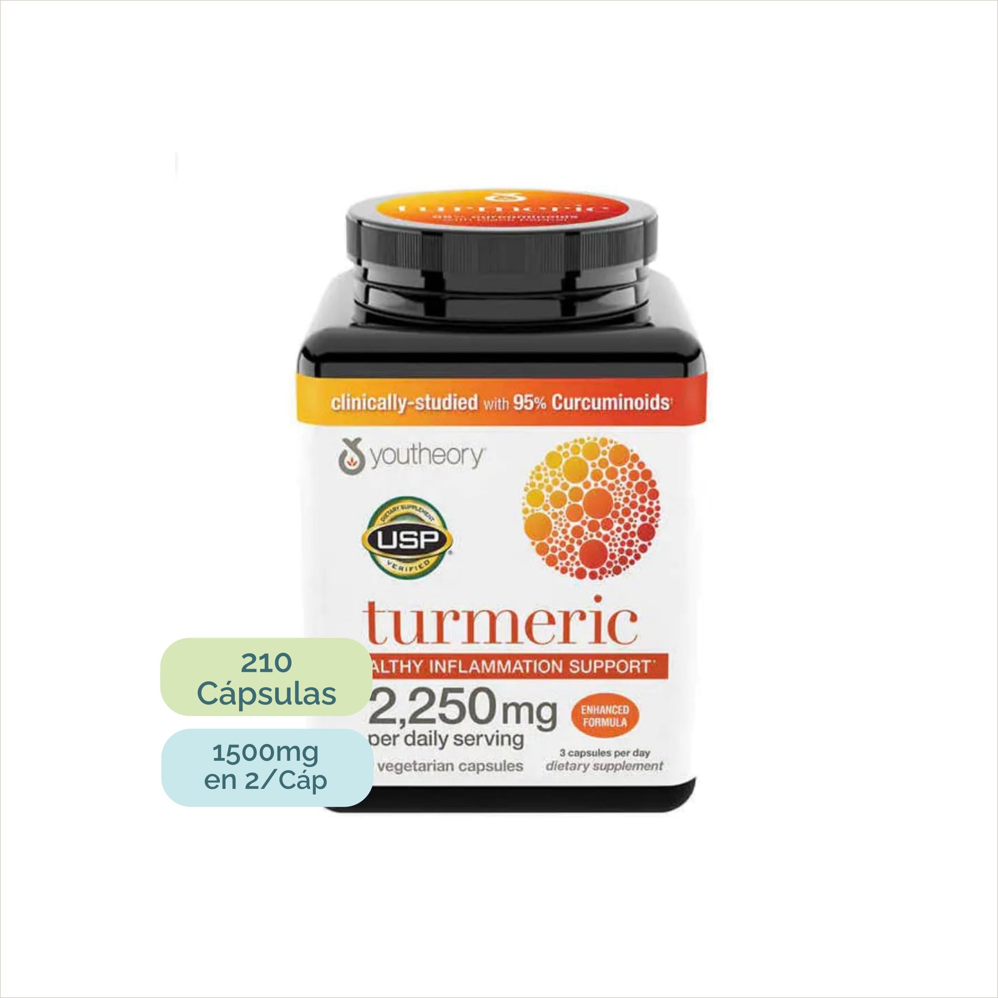 Frasco de cúrcuma de dosis terapéutica 2250 mg y 95% curcuminoides, YouTheory